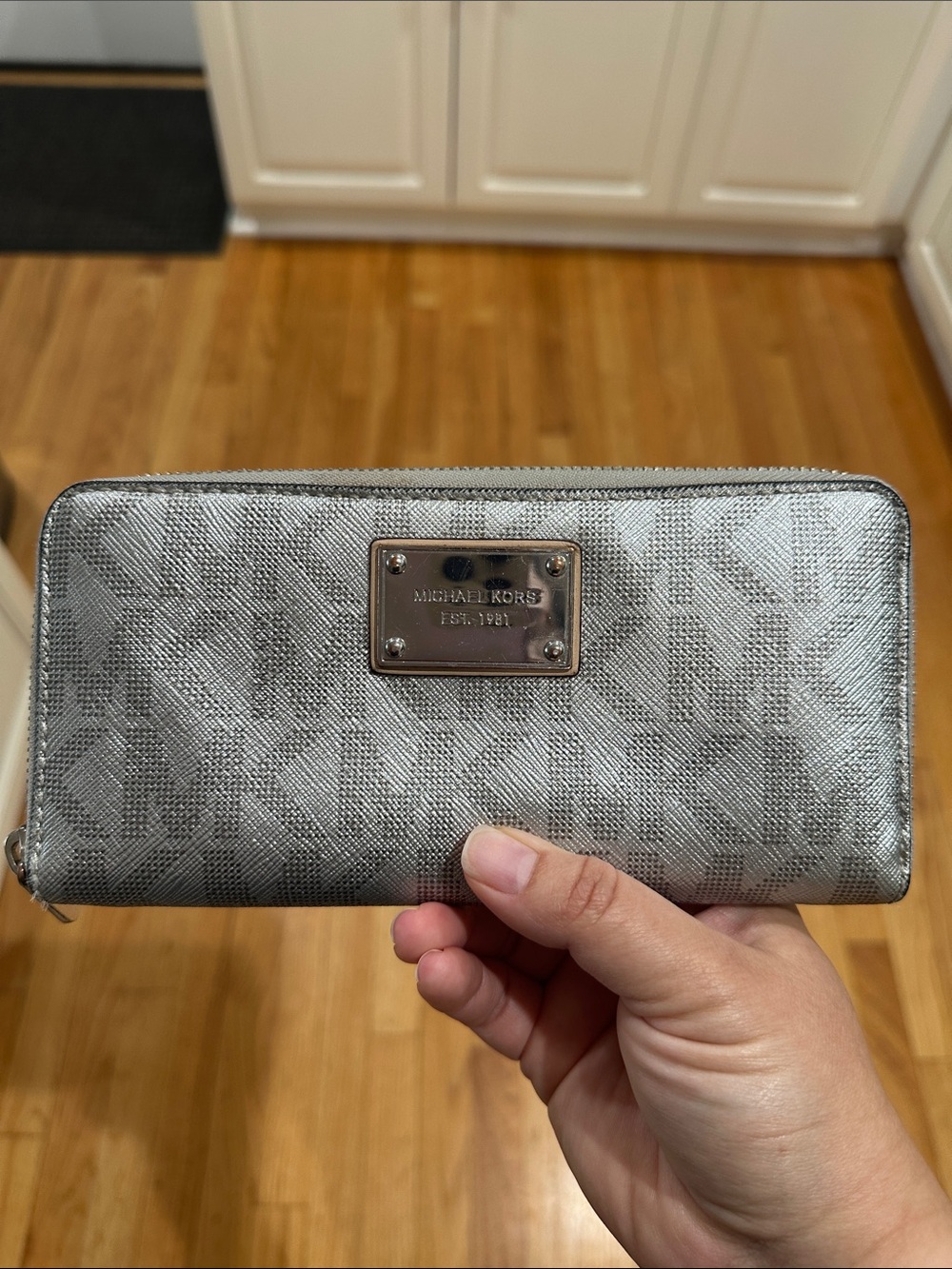 Michael Kors Silver Metallic MK Logo Zip Wallet